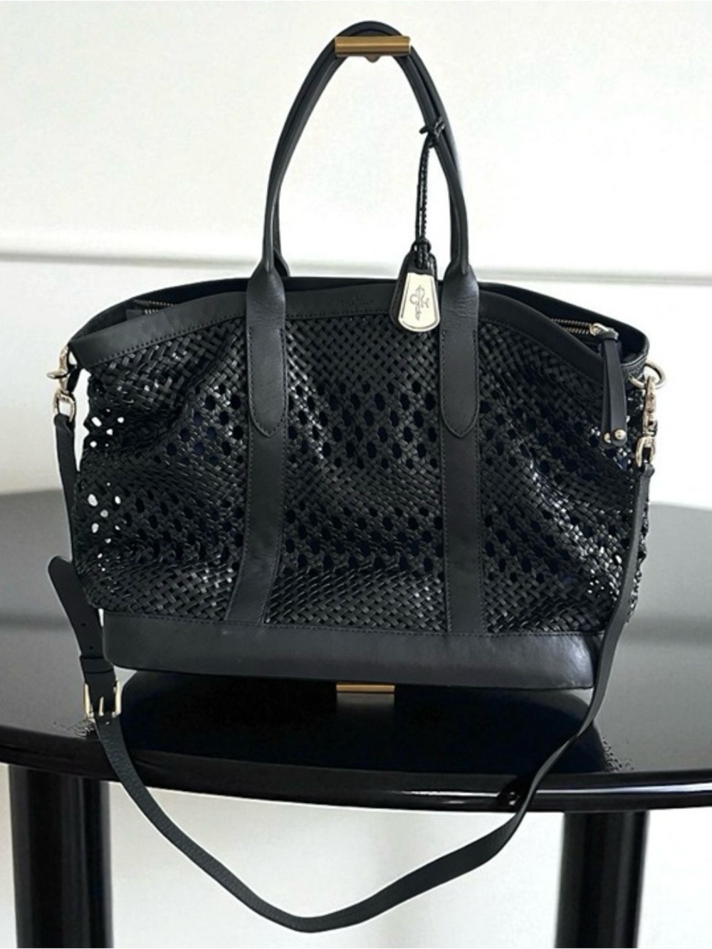 Cole Haan Black Woven Leather Tote with Shoulder Strap
